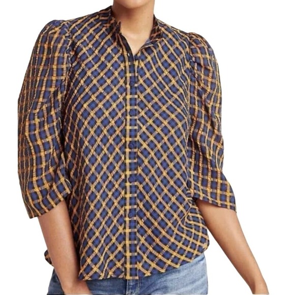 Eva Franco ANTHROPOLOGIE Navy Orange Checked Plaid Puff Sleeve Top Blouse - Sz 4 - Picture 7 of 7